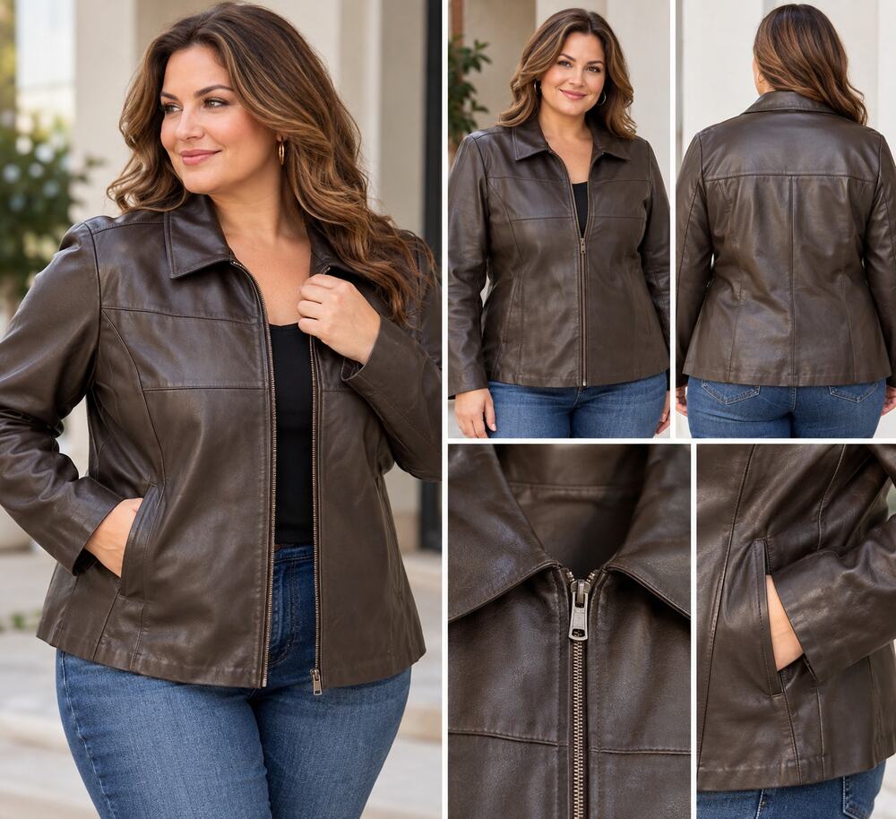 Mossimo Women's Genuine Leather Jacket 18W Chocolate Brown Zip Front Classic